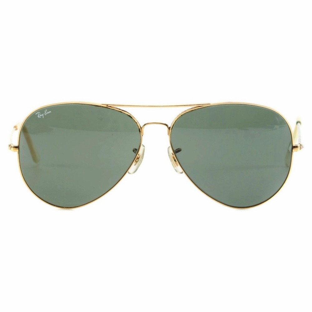Ray-Ban Gold Frame Aviator Sunglasses with dark grey lenses, case included.